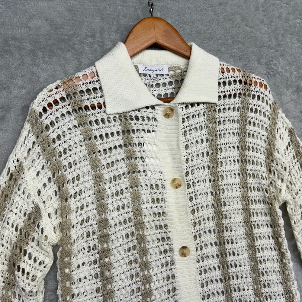 Emory Park NWT Small Cardigan Sweater Ivory Tan Open Knit Crochet CoastalGrandma